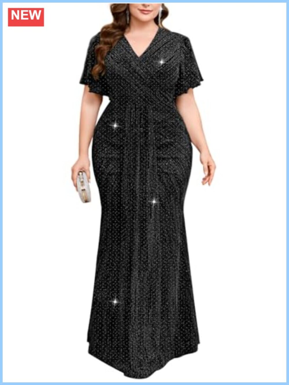 Plus Size Sparkly Metallic V Neck Wrap Mermaid Evening Gown Flutter Sleeve